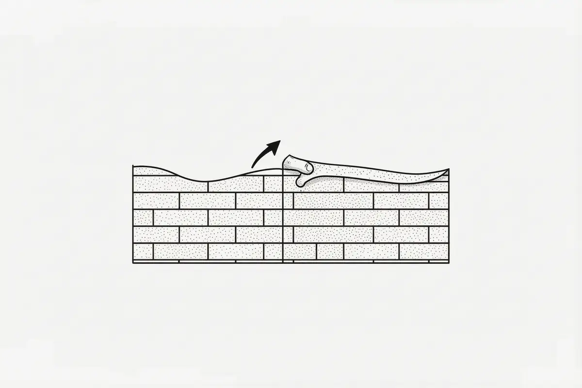 A fingertip slid under a lifted wallpaper seam to test whether the paper peels back from the wall