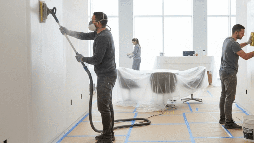 Three people work in a room under renovation to prepare the home for interior decorating; two are sanding and prepping walls, while one stands near a desk covered in plastic. The floor is protected with paper.