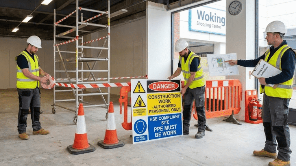 Three construction workers in safety gear set up warning signs and tape at an indoor construction site near Woking Shopping Centre, ensuring Winter-Ready Exteriors. One holds a floor plan, while another unrolls tape.