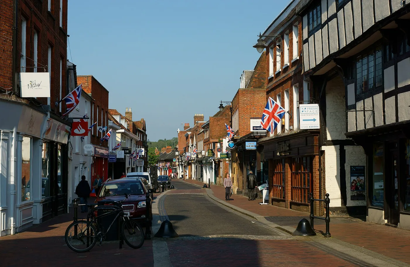 Timber-framed and painted frontages along Godalming High Street