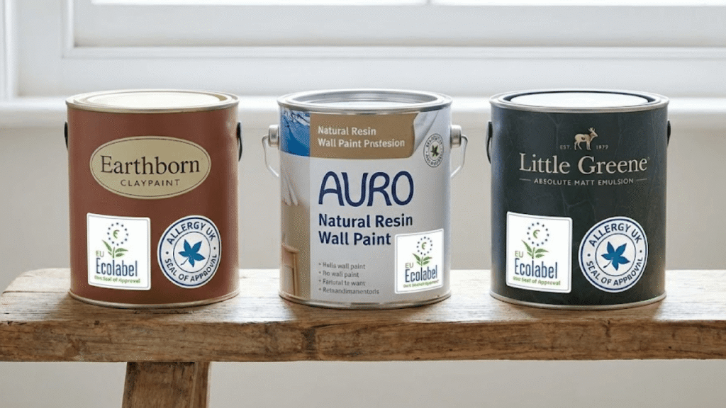 Three paint cans labeled Earthborn, AURO, and Little Greene are placed side by side on a wooden bench, each displaying the EU Ecolabel and Allergy UK logos—ideal choices for eco-conscious painting or wallpaper restoration projects.