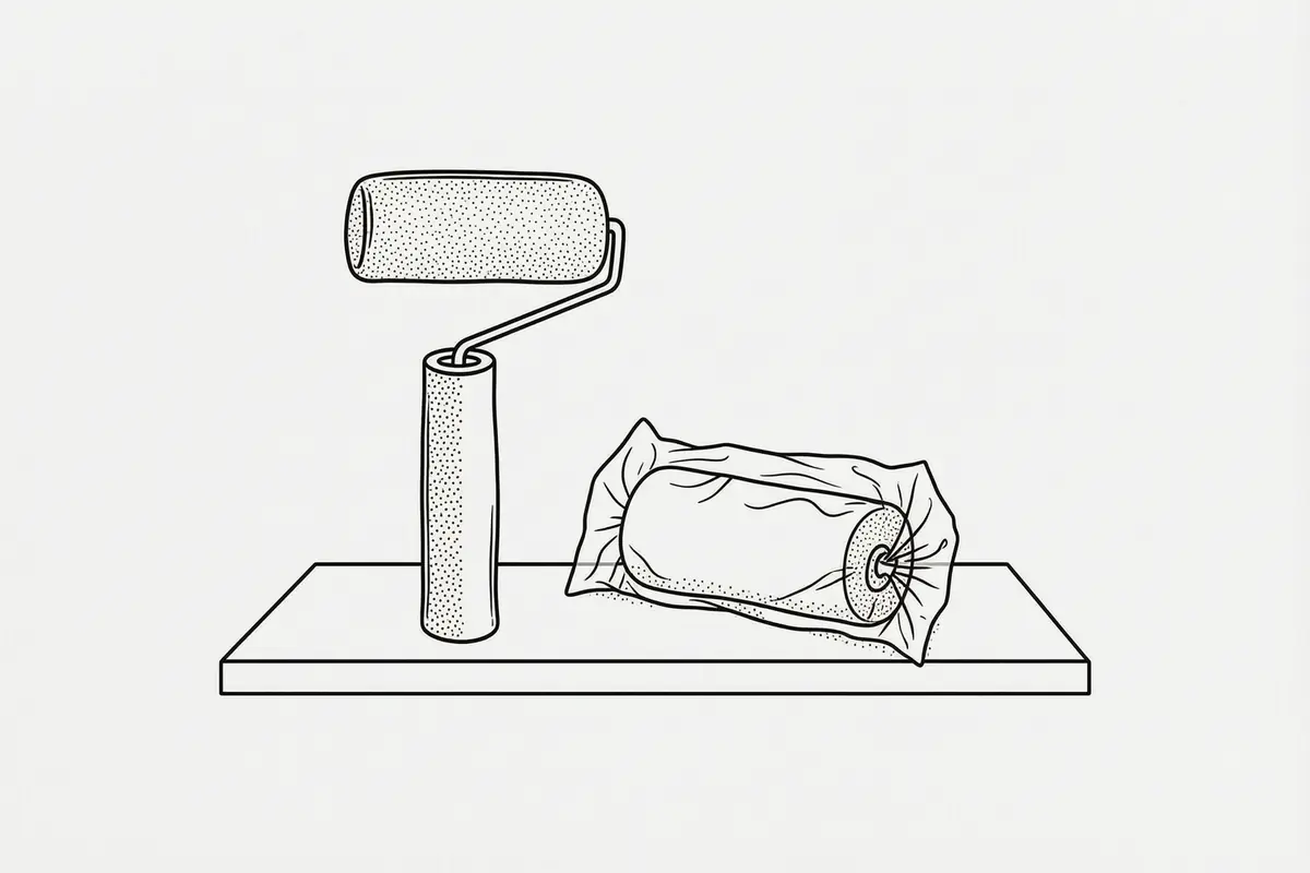 Line drawing of a roller sleeve drying on its end next to a loaded roller sealed in a bag