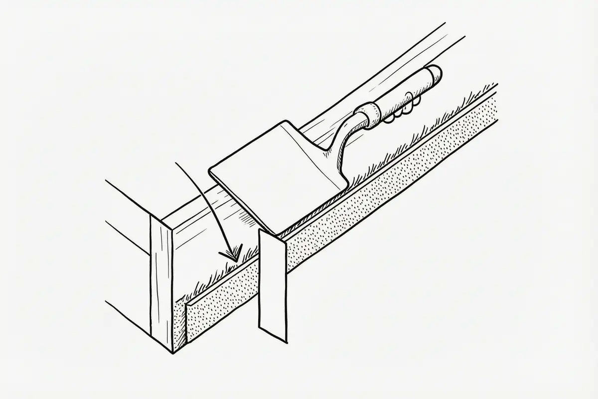 Cutaway diagram of a skirting board meeting a fitted carpet, a filling knife pushing the edge of masking tape down into the gap between the pile and the board