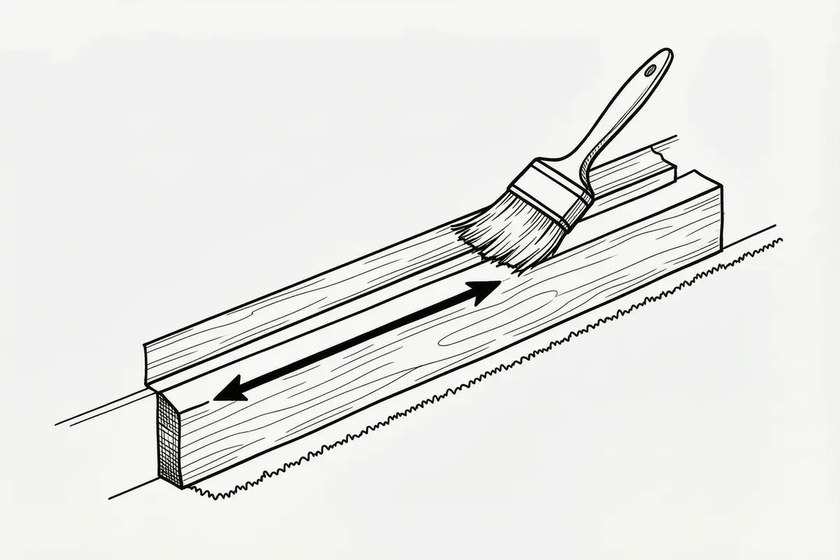 Diagram of a brush laying primer along the length of a bare skirting board, the wall above masked and the carpet edge shielded below, an arrow along the board