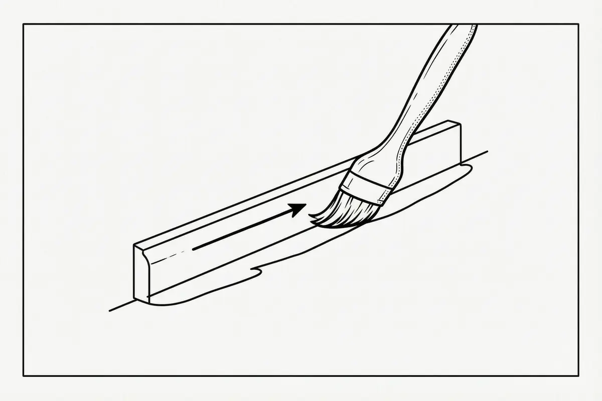 Diagram of a two-inch angled brush finishing a skirting board with one long stroke along its full length, the direction shown by a single arrow