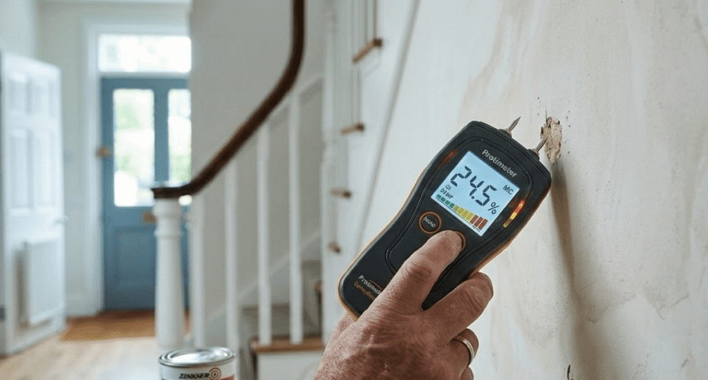 A person holds a digital moisture meter against an interior wall, displaying 24.5%, near a staircase and open doorway—helpful when deciding when to redecorate your home in Surrey.