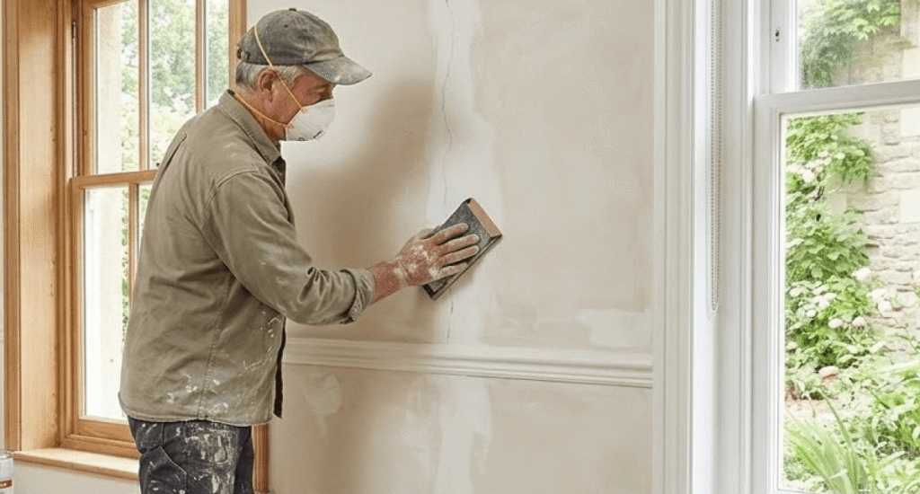 A person wearing a cap and face mask sands a plastered wall with a sanding block next to a large window, showing the careful prep work involved when you’re considering when to redecorate your home in Surrey.