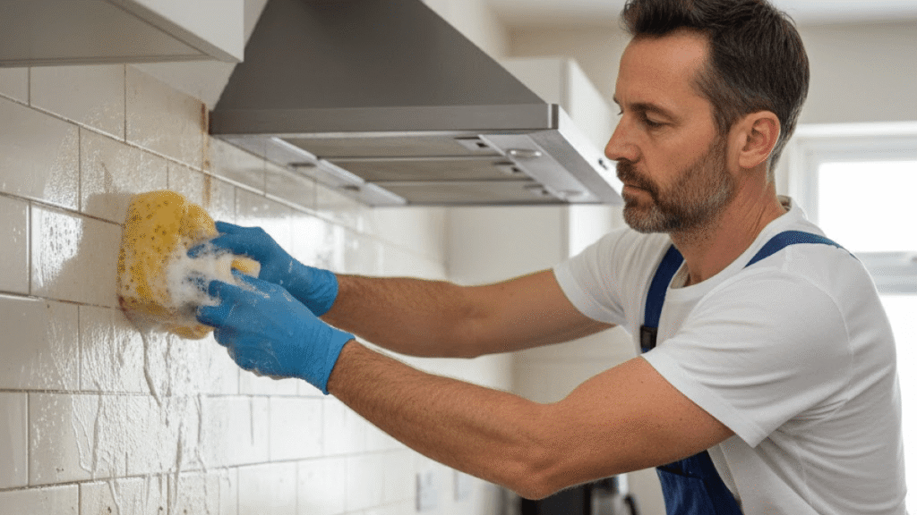 Man wearing blue gloves scrubs a tiled kitchen wall with a yellow sponge, cleaning grime near a stove and under a stainless steel range hood to prepare the home for interior decorating.