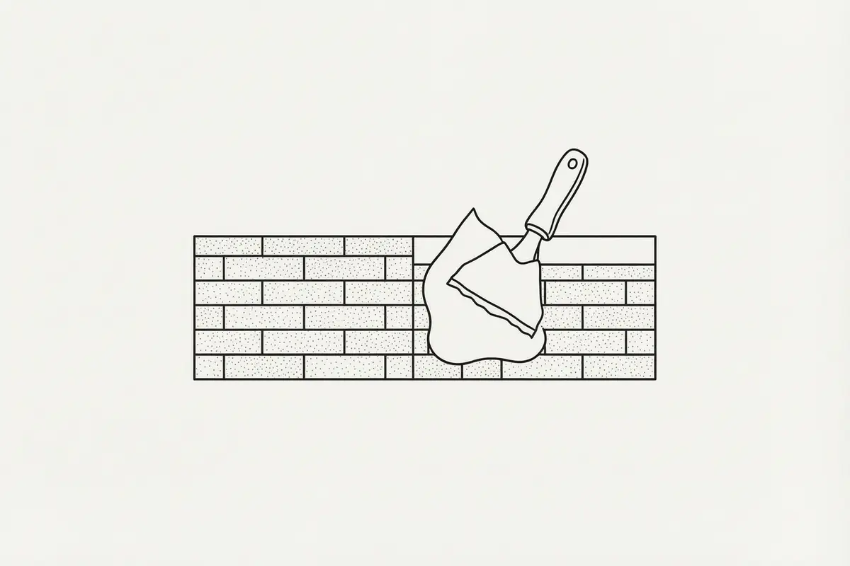 A line drawing of a trowel spreading a thick poultice stripper over a painted brick wall, with a backing sheet peeled back at one corner