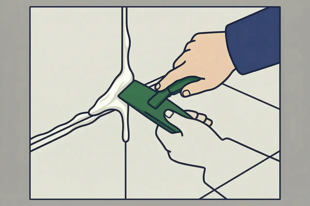 A hand in a dark sleeve spreading thick paste stripper across painted floor tiles with a wide spatula