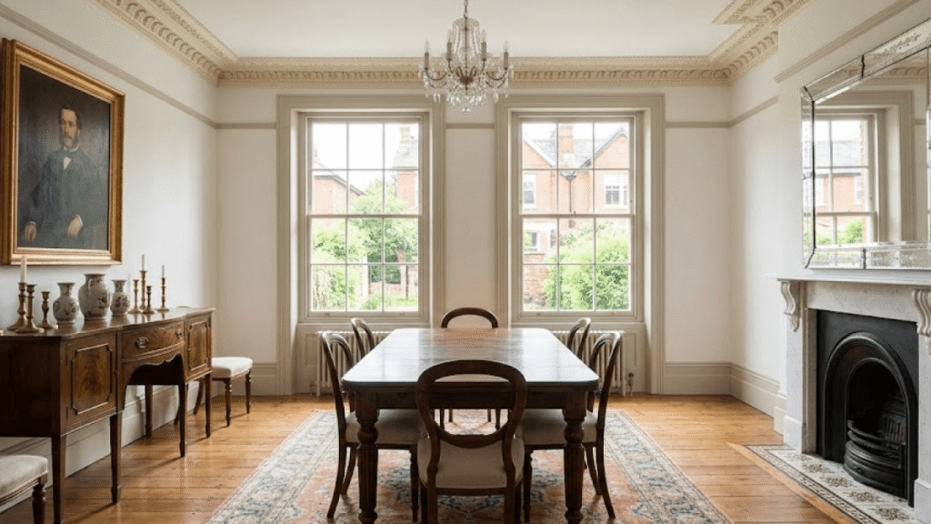 A traditional dining room with a wooden table, six chairs, a chandelier, a sideboard, fireplace, large mirror, and two windows overlooking a residential street features elegant paint finishes for bathrooms & kitchens throughout.