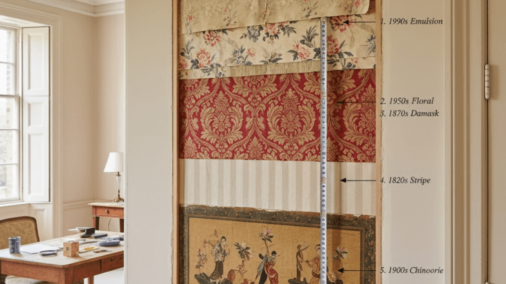 A section of wall showing layers of historic wallpaper and paint from different eras, labeled by date, with a measuring tape for scale—an invaluable reference for sash window restoration projects.
