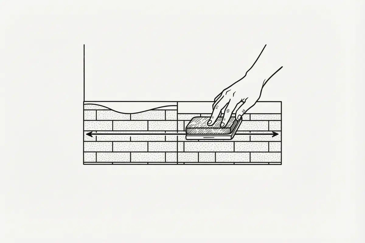 Cutaway diagram of a painted door edge with an invisible greasy film being wiped away by a cloth, the film shown as a dotted layer lifting off the surface, an arrow along the wiping direction
