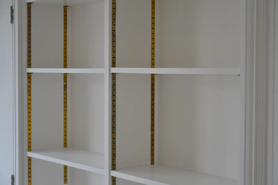 Bookcase shelving with brass strips, finished in white