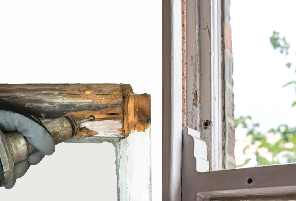 A person repairs a window frame using a tool, smoothing out uneven wood. The frame shows signs of wear with peeling paint.