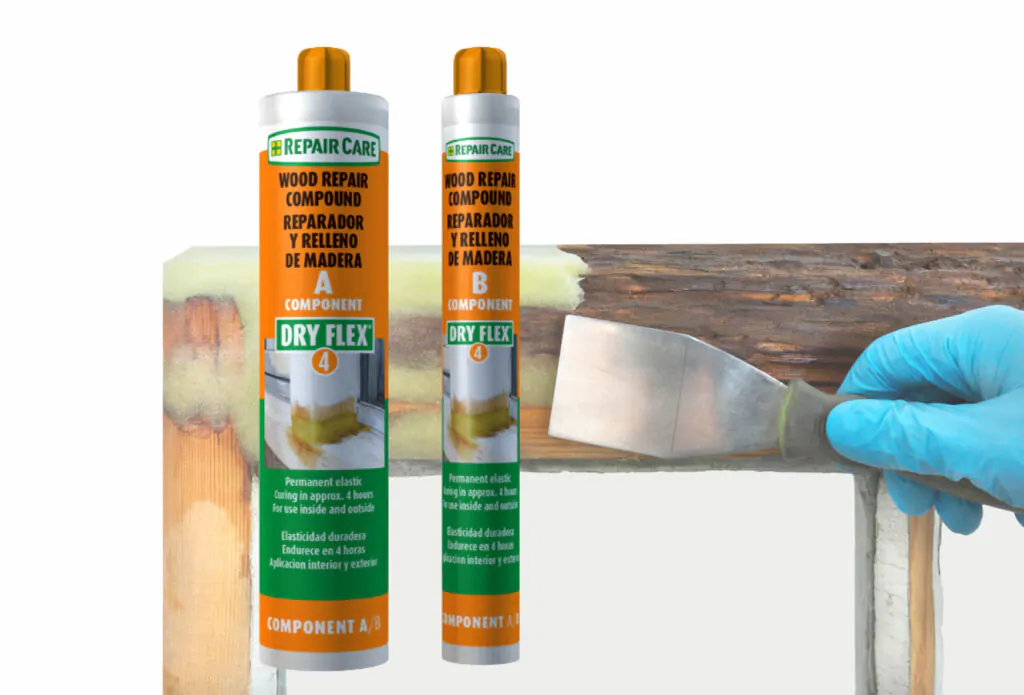 Two tubes of wood repair compound labeled Dry Flex 4 next to a gloved hand applying the product to a wooden surface with a spatula.